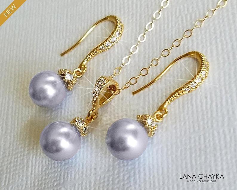 Hochzeit - Lavender Pearl Gold Jewelry Set, Swarovski 8mm Pearl Earrings&Necklace Set, Lilac Pearl Bridal Jewelry Set, Lavender Pearl Wedding Jewelry