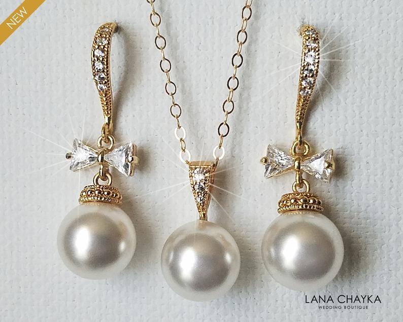 زفاف - Pearl Gold Bridal Jewelry Set, Swarovski White Pearl Earrings&Necklace Set, Bow Wedding Earrings, White Pearl Bridal Set, Wedding Jewelry