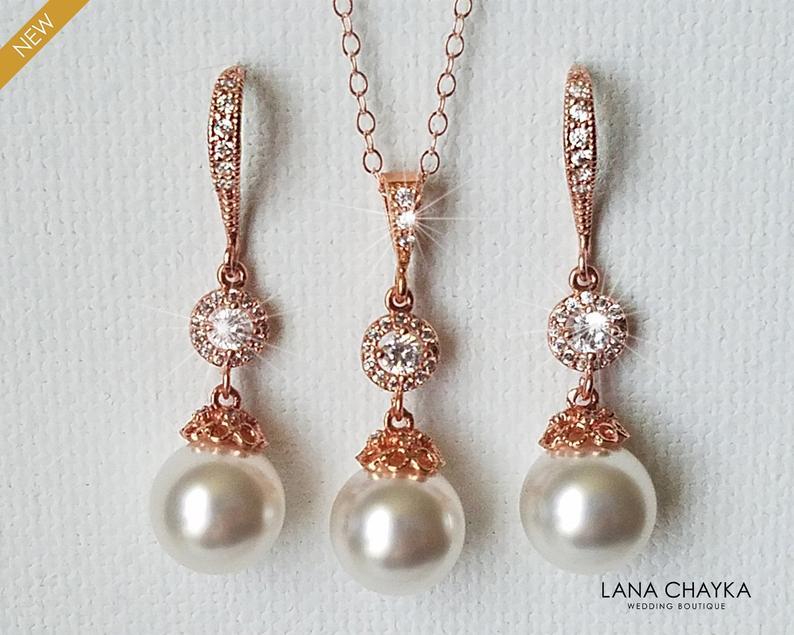 Mariage - Rose Gold Bridal Pearl Jewelry Set, Swarovski White Pearl Earrings&Necklace Set, Wedding Rose Gold Jewelry, Bridesmaids Pink Gold Jewelry