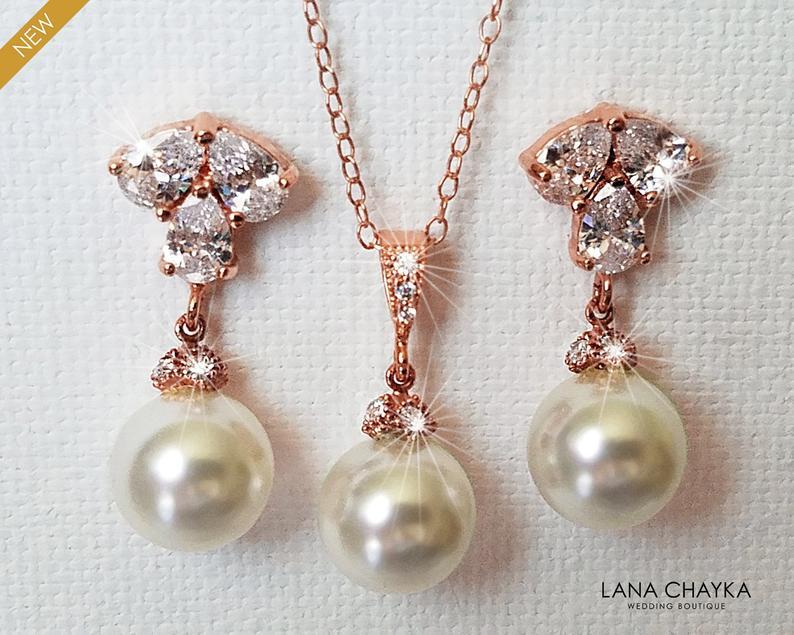 زفاف - Rose Gold Pearl Jewelry Set, Swarovski White Pearl Drop Earrings&Necklace Set, Rose Gold Wedding Jewelry Set, Pink Gold Pearl Bridal Jewelry