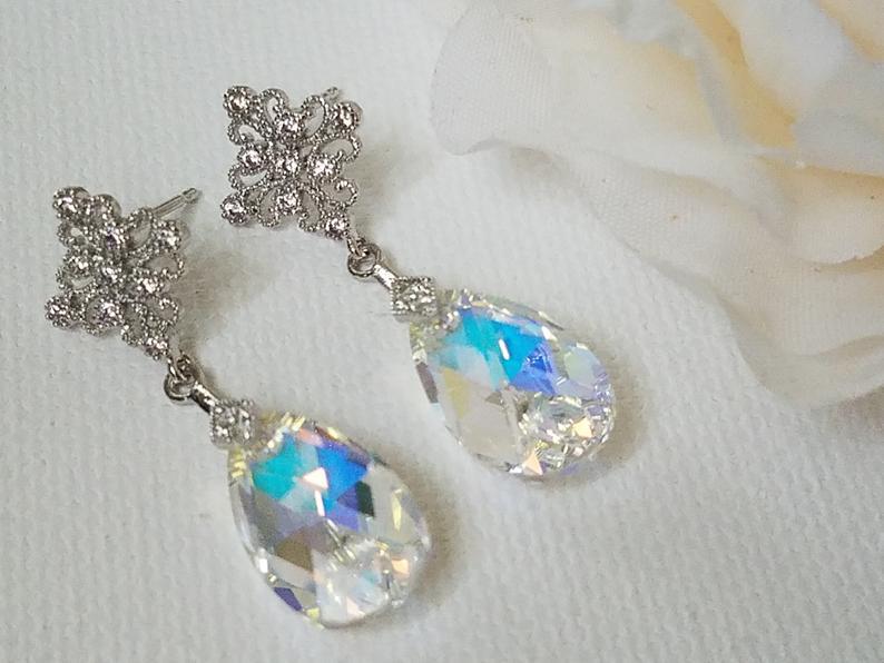 زفاف - Aurora Borealis Crystal Bridal Earrings, Swarovski AB Teardrop Silver Earrings, Rainbow Sparkly Dangle Wedding Earrings, Bridal AB Jewelry