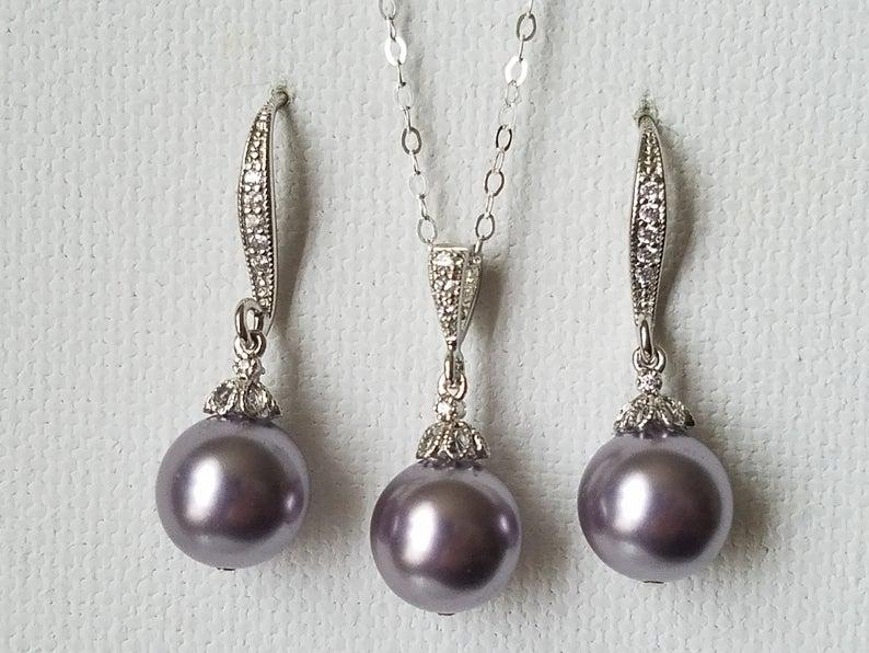 Hochzeit - Light Purple Pearl Set, Swarovski Mauve Pearl Earrings&Necklace Set, Light Purple Jewelry Set, Mauve Pearl Earrings, Purple Wedding Jewelry