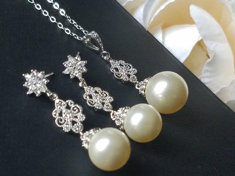 Hochzeit - Pearl Bridal Jewelry Set, Swarovski Ivory Pearl Earrings&Necklace Set, Wedding Jewelry Set, Pearl Chandelier Earrings, Large Pearl Pendant