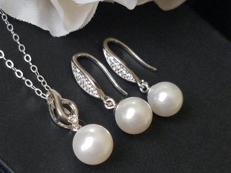 زفاف - White Pearl Bridal Jewelry Set, Swarovski Pearl Drop Earrings&Necklace Set, Sterling Silver Pearl Wedding Set, Pearl Earrings, Pearl Pendant