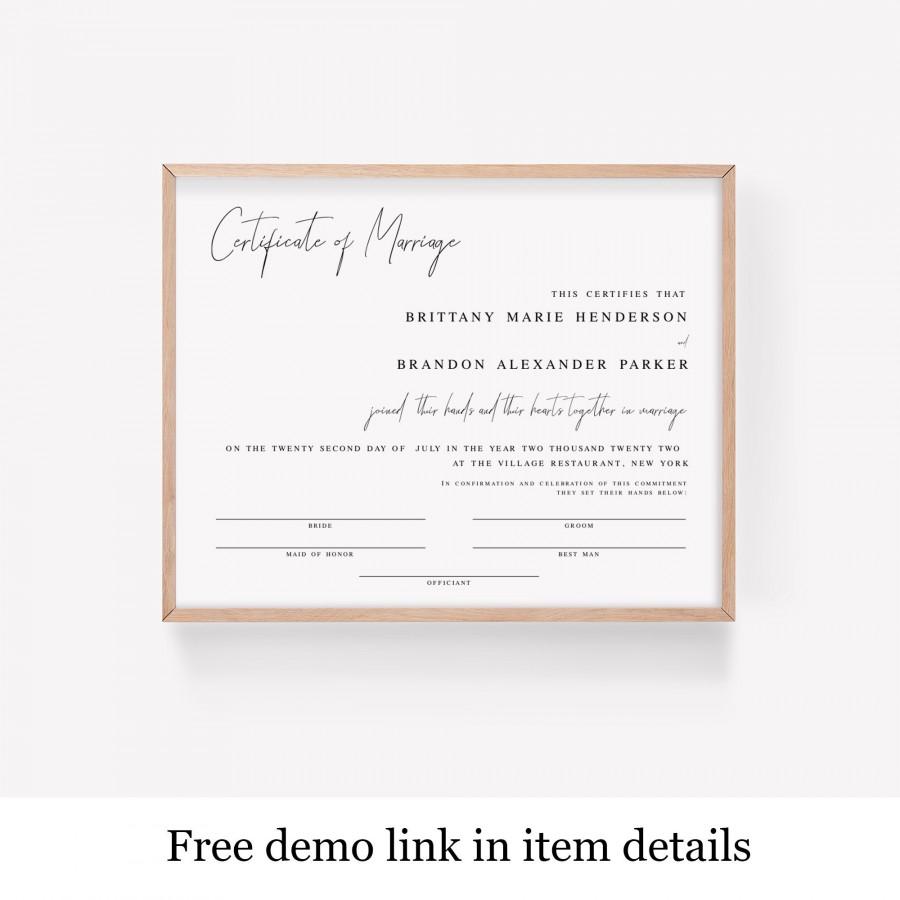 Mariage - Certificate Of Marriage Template, Wedding Keepsake, DIY Personalized Wedding Gift, Modern Calligraphy, Templett, 100% Editable Text #vmt810