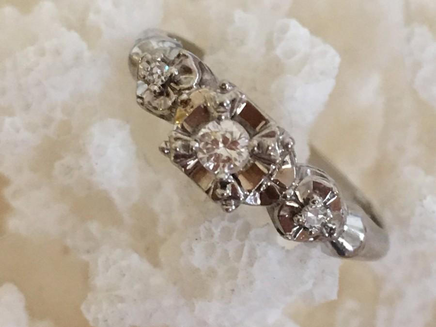 Hochzeit - Antique Vintage Art Deco star flower 14K White Gold Diamond Engagement Ring with 2 Accent Diamonds. circa 1930's.