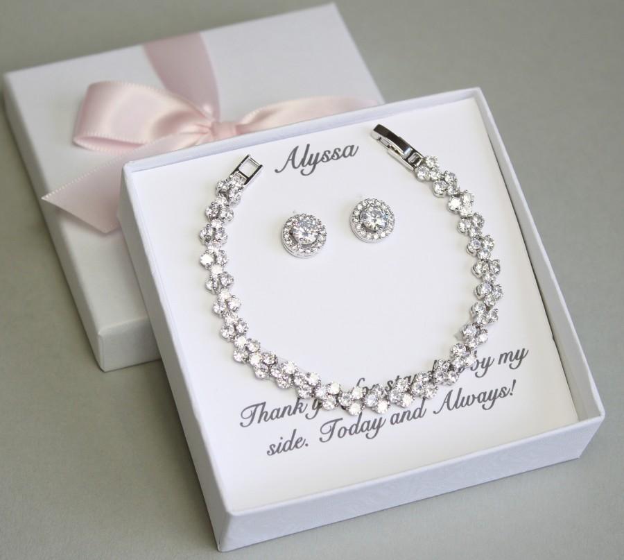 زفاف - Personalized bridesmaid gift Silver round cubic zirconia earring bracelet SET Bridesmaid necklace Bridesmaid earrings Custom wedding jewelry