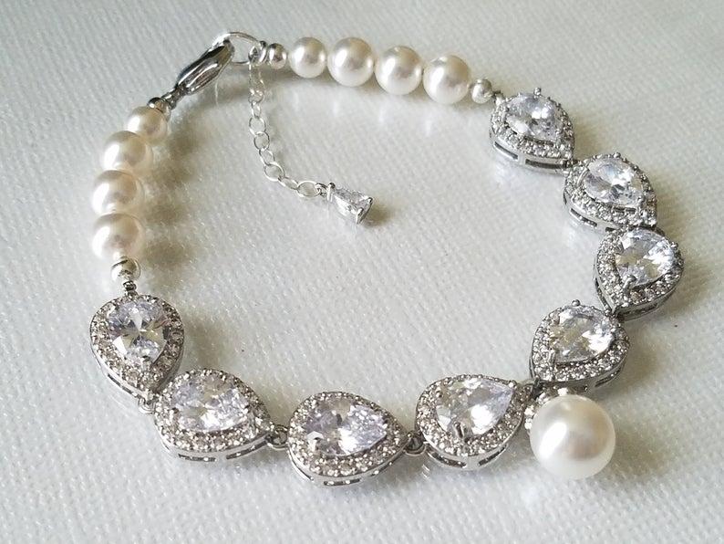 Wedding - Cubic Zirconia Pearl Bridal Bracelet, Wedding Crystal Pearl Bracelet, Swarovski White Pearl CZ Bracelet, Bridal Jewelry, Wedding Jewelry