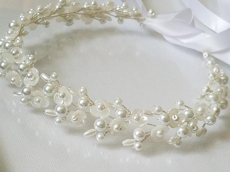 Hochzeit - Pearl Bridal Hair Vine, Wedding White Pearl Hair Piece, Bridal Floral Headpiece, Wedding Hair Jewelry, Dainty Pearl Hair Vine Wedding Wreath