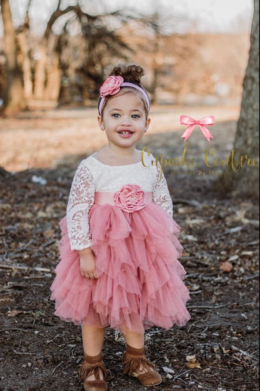 Mariage - Flower girl dress, photography prop, mauve pink dress, lace flower girl dress, lace flower girl dress, bohemian flower girl dress
