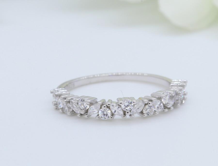 زفاف - 4mm Art Deco Half Eternity Round Marquise Simulated Diamond CZ Wedding Band Ring 925 Sterling Silver Abstract