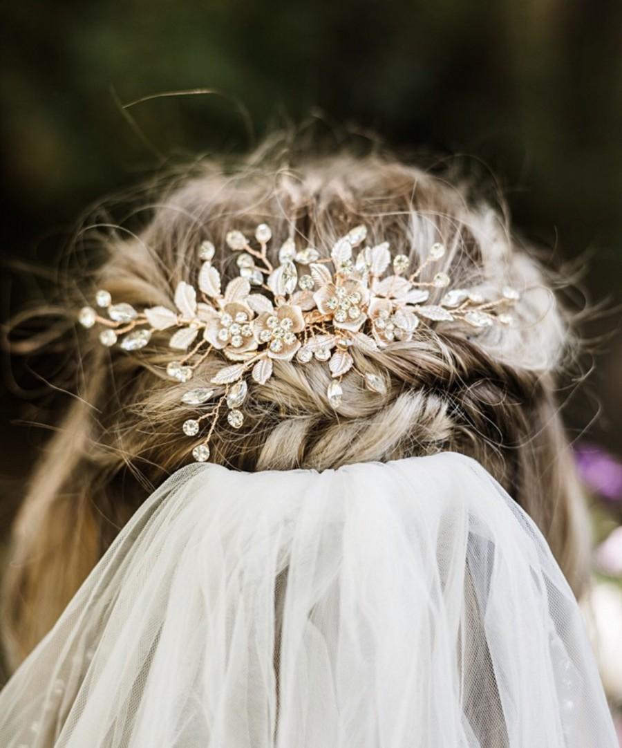 Wedding - Gold Wedding Hair Comb And Hair Pin with beautiful Flowers, leaves and rhinestone accents, Also Comes In Silver And Rose Gold