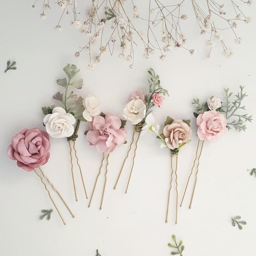 Mariage - Flower hair pins blush pink hair clip boho bridal foliage flower wedding hair slide slider comb headpiece