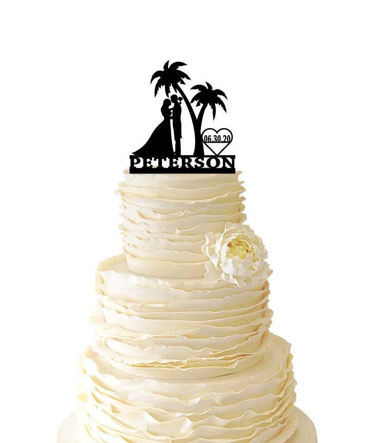 Wedding - Couple On Beach with Palm Trees Cake Topper with Name and Date - Bride and Groom -  Standard Acrylic - Wedding Cake Topper - 213