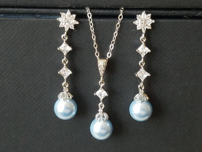 زفاف - Blue Pearl Jewelry Set, Swarovski Light Blue Pearl Silver Set, Bridal Pearl Earrings&Necklace Set, Pearl Dainty Jewelry Set, Blue Earrings