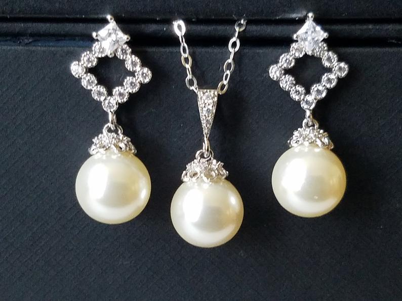 Wedding - Pearl Bridal Jewelry Set, Swarovski Ivory Pearl Earrings&Necklace Set, Wedding Pearl Jewelry Set, Pearl Drop Earrings, Pearl Drop Pendant