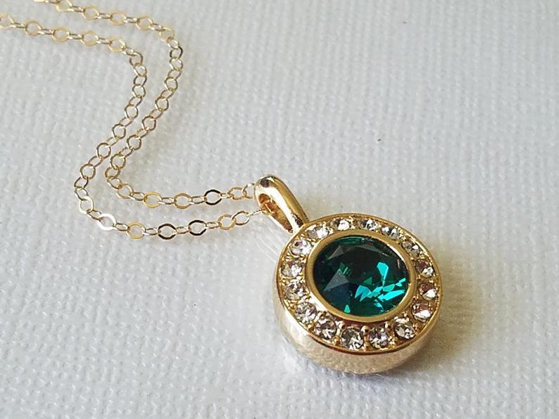Hochzeit - Green Halo Gold Necklace, Swarovski Emerald Crystal Pendant, Wedding Green Round Necklace, Emerald Necklace, Gold Emerald Crystal Jewelry