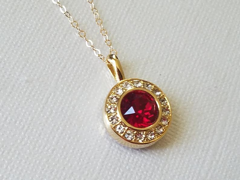 Wedding - Red Crystal Gold Necklace, Swarovski Siam Halo Pendant, Wedding Red Gold Necklace, Red Round Pendant, Wedding Red Jewelry, Dark Red Pendant