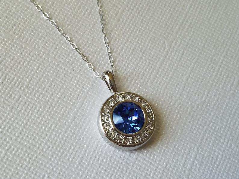 Hochzeit - Sapphire Silver Necklace, Swarovski Sapphire Halo Pendant, Blue Crystal Wedding Necklace Sapphire Jewelry Blue Round Pendant Bridal Necklace