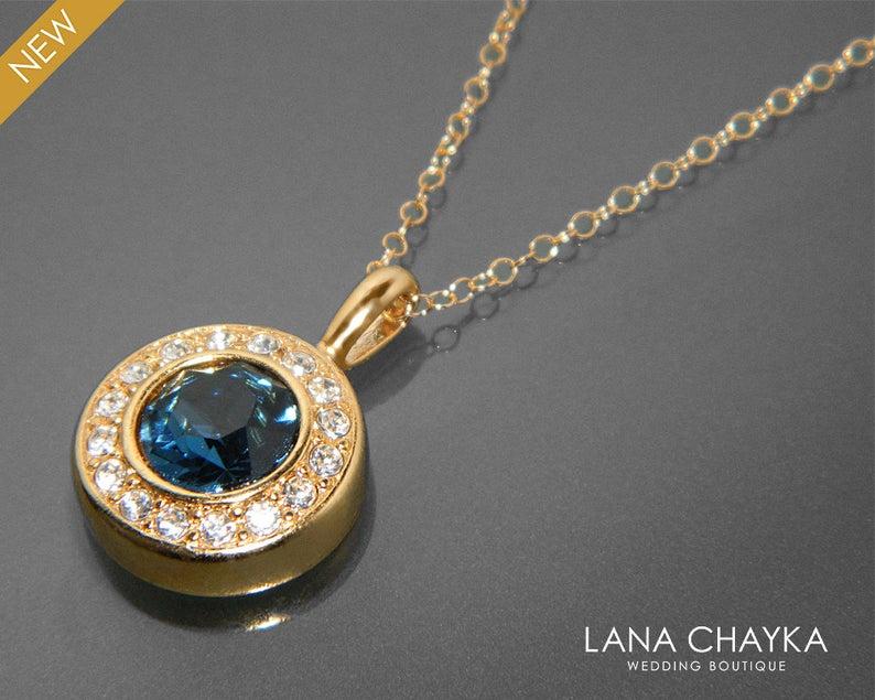 Hochzeit - Navy Blue Gold Necklace, Blue Crystal Halo Wedding Necklace, Swarovski Montana Bridal Necklace, Blue Round Pendant, Mother of The Bride Gift