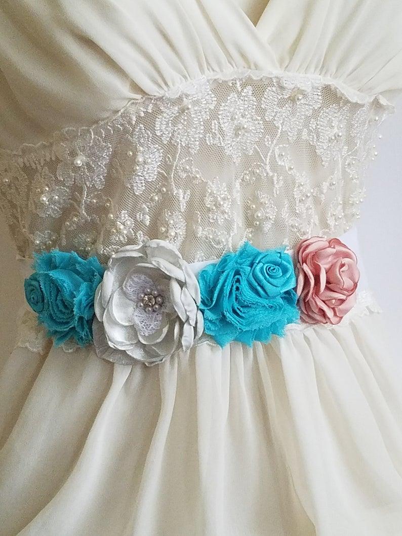 Свадьба - Turquoise Coral White Wedding Sash, Bridal Rustic Sash, Double Faced Satin Belt Light Teal Coral White Maternity Sash Flower Girl Dress Sash