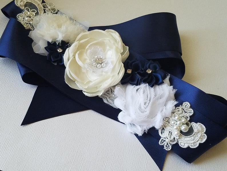 Wedding - Navy Blue White Wedding Sash, Floral Rustic Flower Girl Sash, Maternity Blue Sash, Navy Blue Dress Sash, Blue Satin White Flower Bridal Belt
