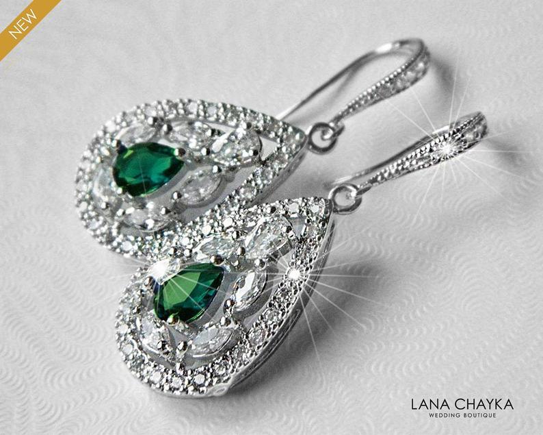 Mariage - Emerald Crystal Bridal Earrings, Green Cubic Zirconia Wedding Earrings, Emerald Teardrop Sparkly Earrings, Emerald CZ Chandelier Earrings