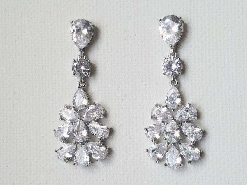 زفاف - Bridal Cubic Zirconia Earrings, Chandelier Crystal Wedding Earrings, Clear CZ Dangle Earrings, Sparkly Silver Earring, Statement Earrings