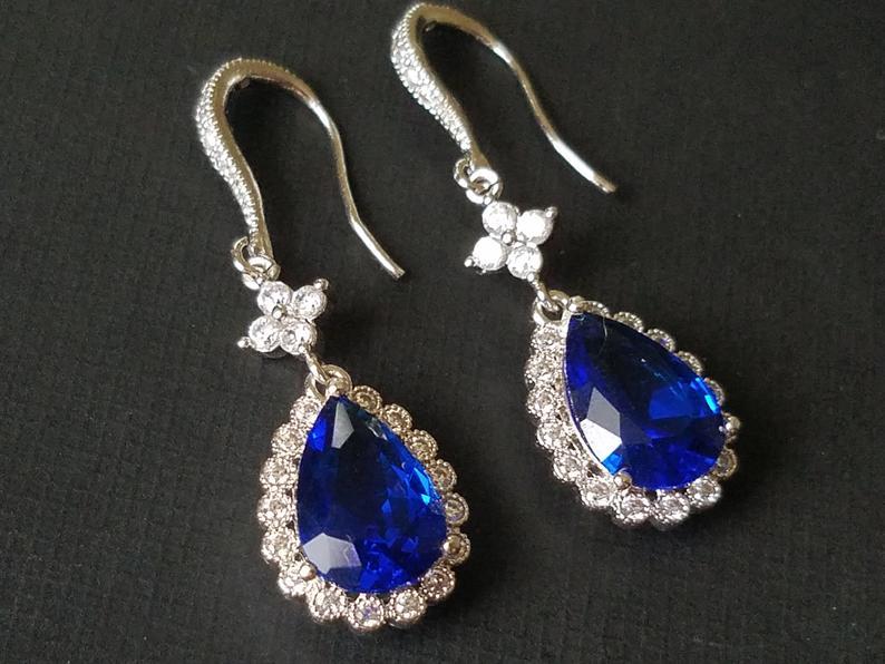 Wedding - Navy Blue Crystal Earrings, Sapphire Blue Teardrop Earrings, Blue Chandelier Earrings, Blue CZ Silver Bridal Earrings, Wedding Blue Jewelry