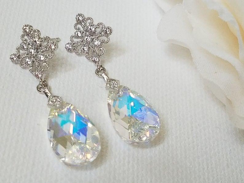 زفاف - Aurora Borealis Crystal Bridal Earrings, Swarovski AB Teardrop Silver Earrings, Rainbow Sparkly Dangle Wedding Earrings, Bridal AB Jewelry