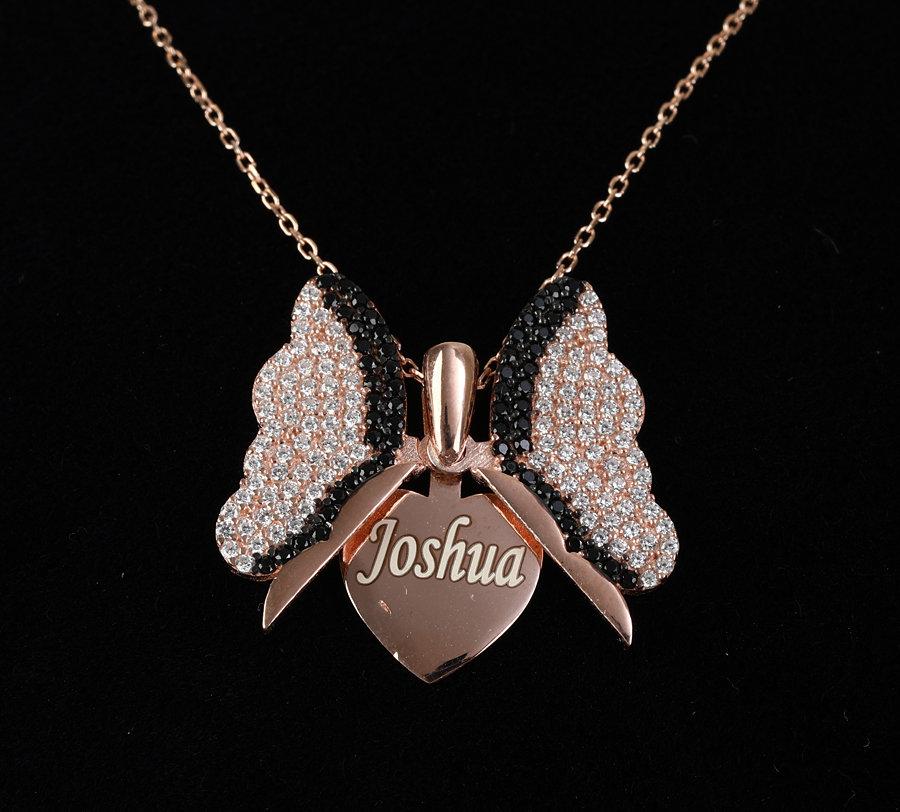 زفاف - Opening Onyx Butterfly Wings Heart Name Necklace / Love Valentines Zirconia Custom Butterfly Wings Necklace / 925 Solid Sterling Silver
