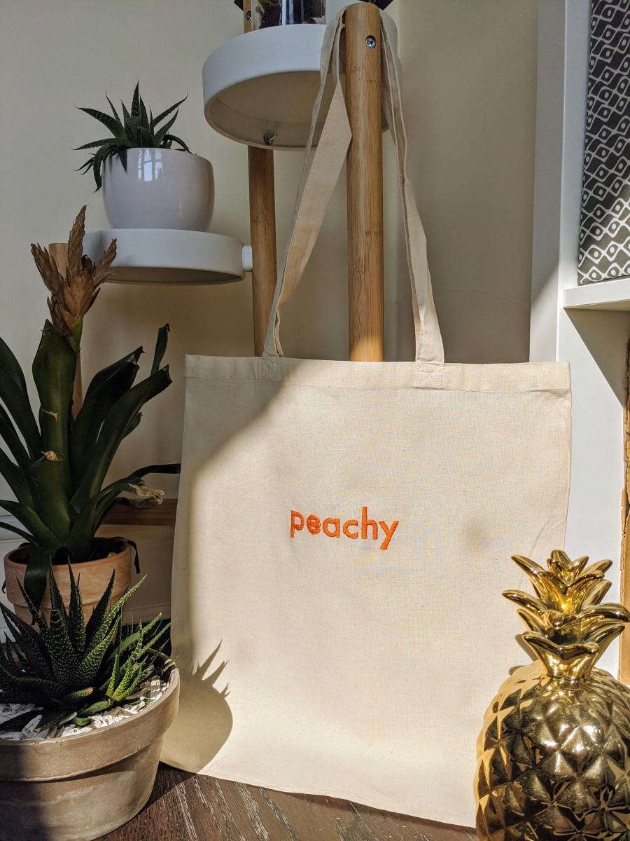 زفاف - Peachy Hand Embroidered Natural Cotton Tote Bag  / Shopping Bag / Cotton Tote / Market bag / Eco Tote Bag / Peachy Writing