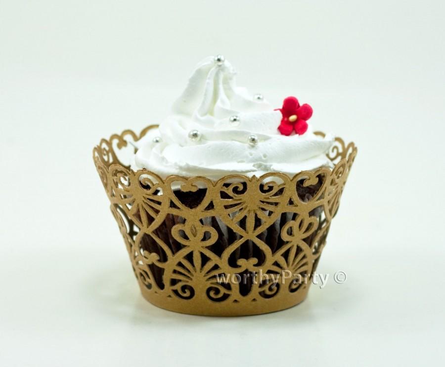 Wedding - Lace Hearts Filigree Vintage Gold - Elegant Laser Cut Lace Wedding Cupcake / Muffin  Wrappers