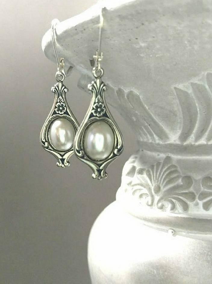 Mariage - Edwardian Teardrop Pearl Earrings - Small Pearl Earrings - Art Nouveau Jewelry - Jane Austen -  Regency Reproduction
