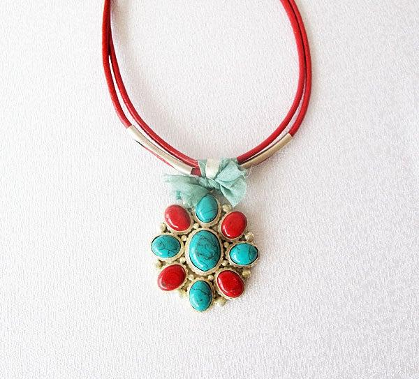 زفاف - Afghan Silver jewelry, Red Coral and Turquoise,  Afghan Pendant Necklace, Ethnic Tribal TURKISH  jewelry, Anniversary Gifts For Women