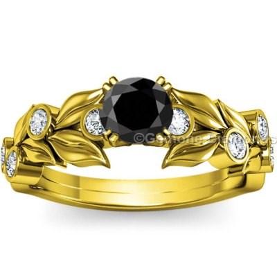 زفاف - Diamond Leaf Ring In 14k Yellow Gold (For Sale)