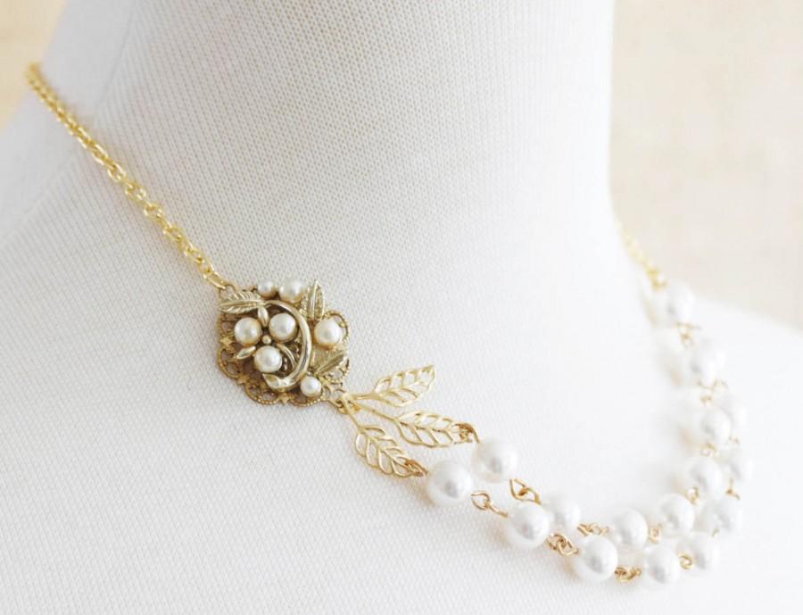 زفاف - Gold Pearl Wedding Necklace Pearl Leaf Bridal Necklace Double Strand Wedding Necklace Vintage Bridal  Jewelry