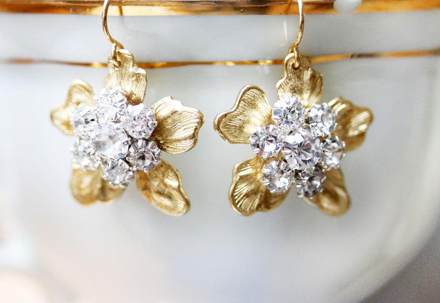زفاف - Floral Flower Earrings Gold Rhinestone Earrings Bridesmaid's Jewelry Garden Wedding Earrings