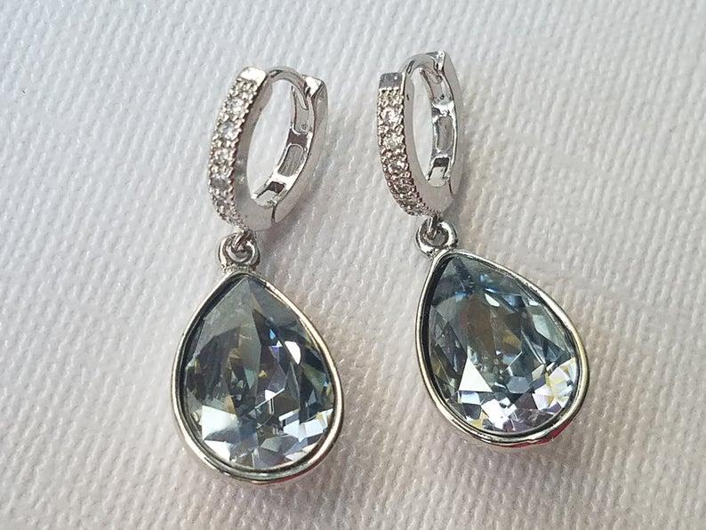 زفاف - Dusty Blue Crystal Hoop Earrings, Pastel Blue Teardrop Silver Earrings, Swarovski Blue Shade Dangle Earrings, Blue Wedding Bridal Jewelry