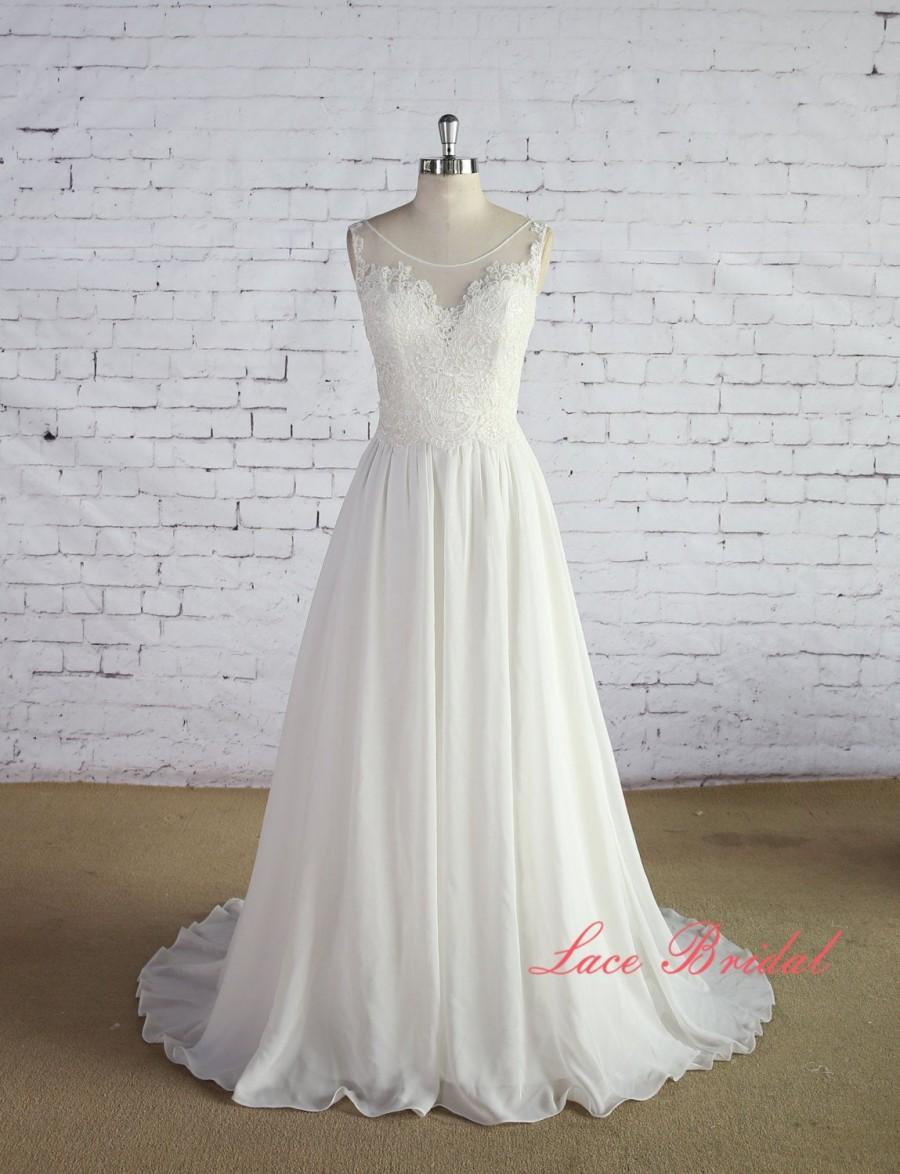 Hochzeit - Bateau Neck Wedding Dress V-Back Wedding Gown Ivory A-line Bridal Gown Chiffon Wedding Dress with Chapel Train Gorgeous Lace Dress