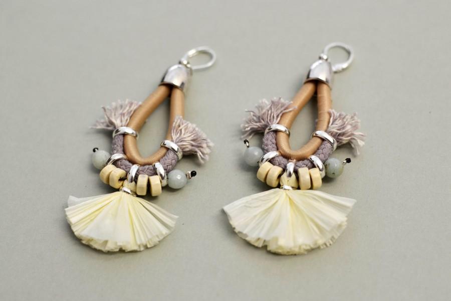 زفاف - Fan Earrings, Raffia Chandeliers, Bohemian Earrings, Tassel Earrings, Fabric Earrings, Wedding Jewelry, Hippie Wedding, Pastel Earrings