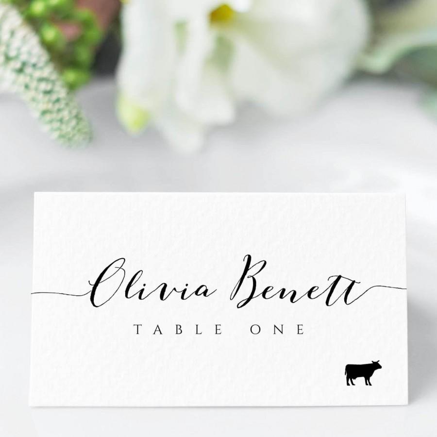 Mariage - Place Card Template With Meal Icons, Editable Wedding Place Cards, Printable Escort Cards, Folded Place Cards Flat, Templett , BW1