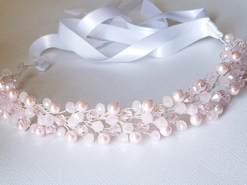 Hochzeit - Blush Pink Crystal Hair Vine, Wedding Light Pink Headpiece, Bridal Pink Crystal Pearl Hairpiece, Pink Bridal Wreath, Pink Hair Jewelry