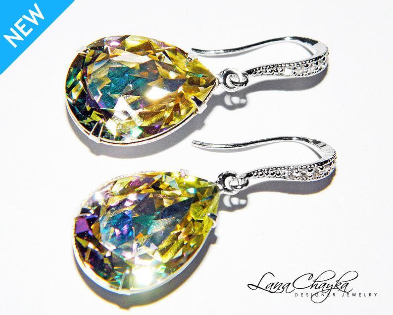 زفاف - Luminous Green Crystal Earrings, Swarovski Luminous Green Rhinestone Earrings, Wedding Jewelry Bridal Crystal Jewelry Sparkly Dangle Earring