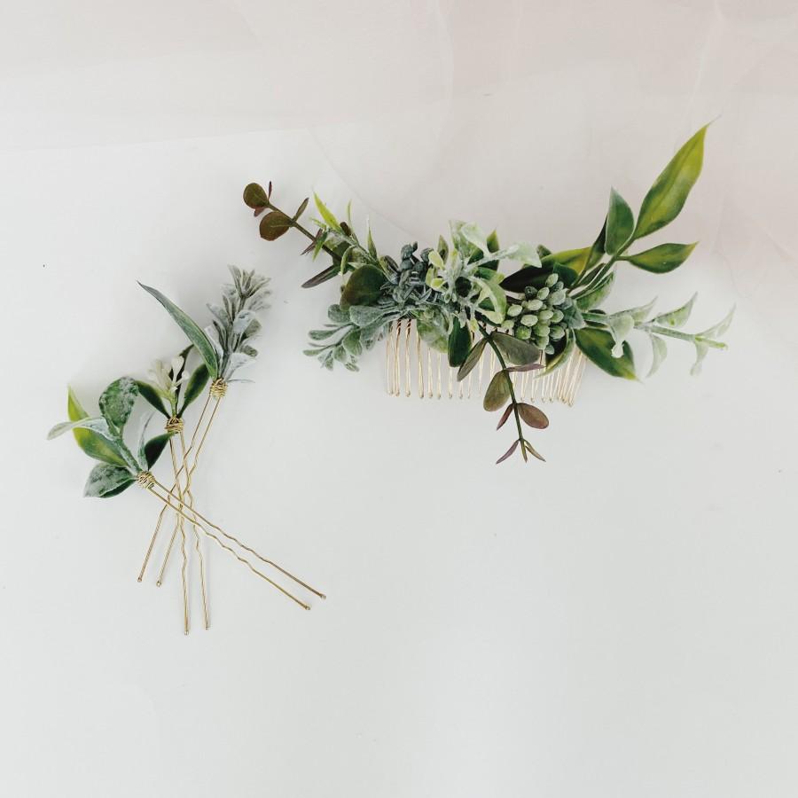زفاف - Greenery hair pins, faux greenery hair comb, white and greenery headdress, leaf hair comb, greenery clip