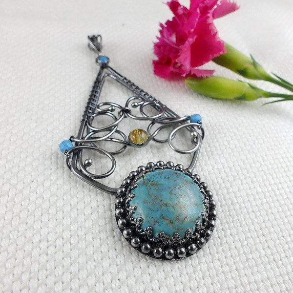 Wedding - Turquoise pendant, wire wrap jewelry, statement bold jewelry, gemstone fine pendant, sterling silver metalwork jewelry