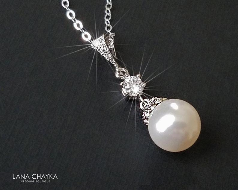 زفاف - Pearl Bridal Necklace, White Pearl Drop Necklace, Swarovski 10mm Pearl Silver Necklace, Bridal Jewelry, Bridal Party Gift, Pearl Pendant