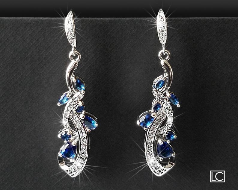 Wedding - Navy Blue Bridal Earrings, Wedding Blue Crystal Earrings, Bridal Blue Silver Earrings, Floral Dangle Crystal Earrings Wedding Bridal Jewelry