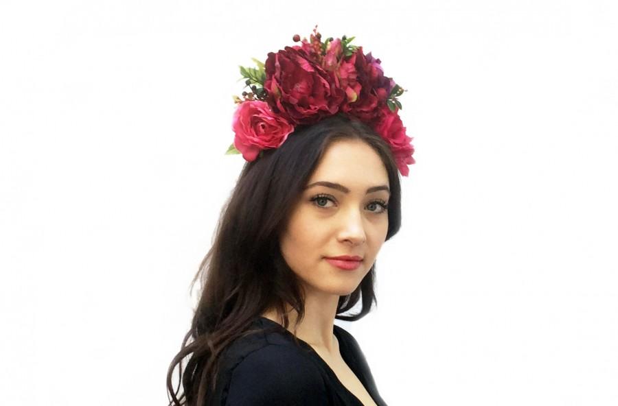 Wedding - Deep Pink Mexican Flower Crown, Day of the Dead Flower Headpiece, Frida Kahlo Floral Crown, Bohemian, Flower Headband, Boho, Mexico Wedding