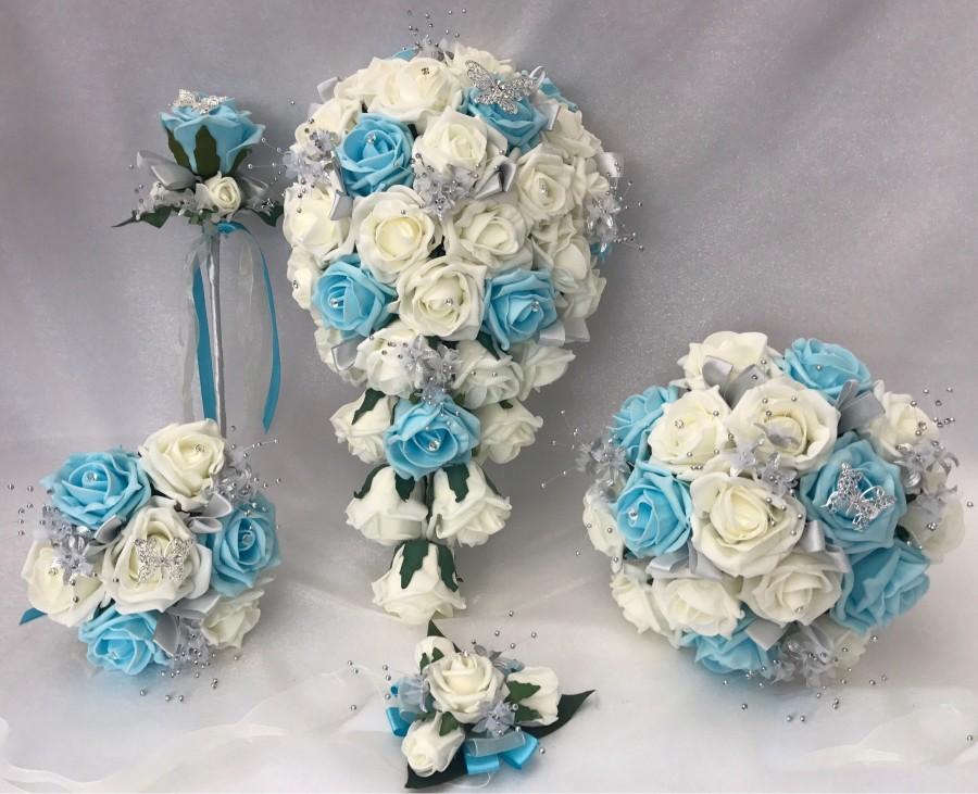Wedding - Artificial Wedding Bouquets Flowers Sets Ivory Aqua Blue
